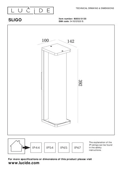 Lucide SLIGO - Wandleuchte Innen/Außen - 1xE27 - IP54 - Schwarz - TECHNISCH